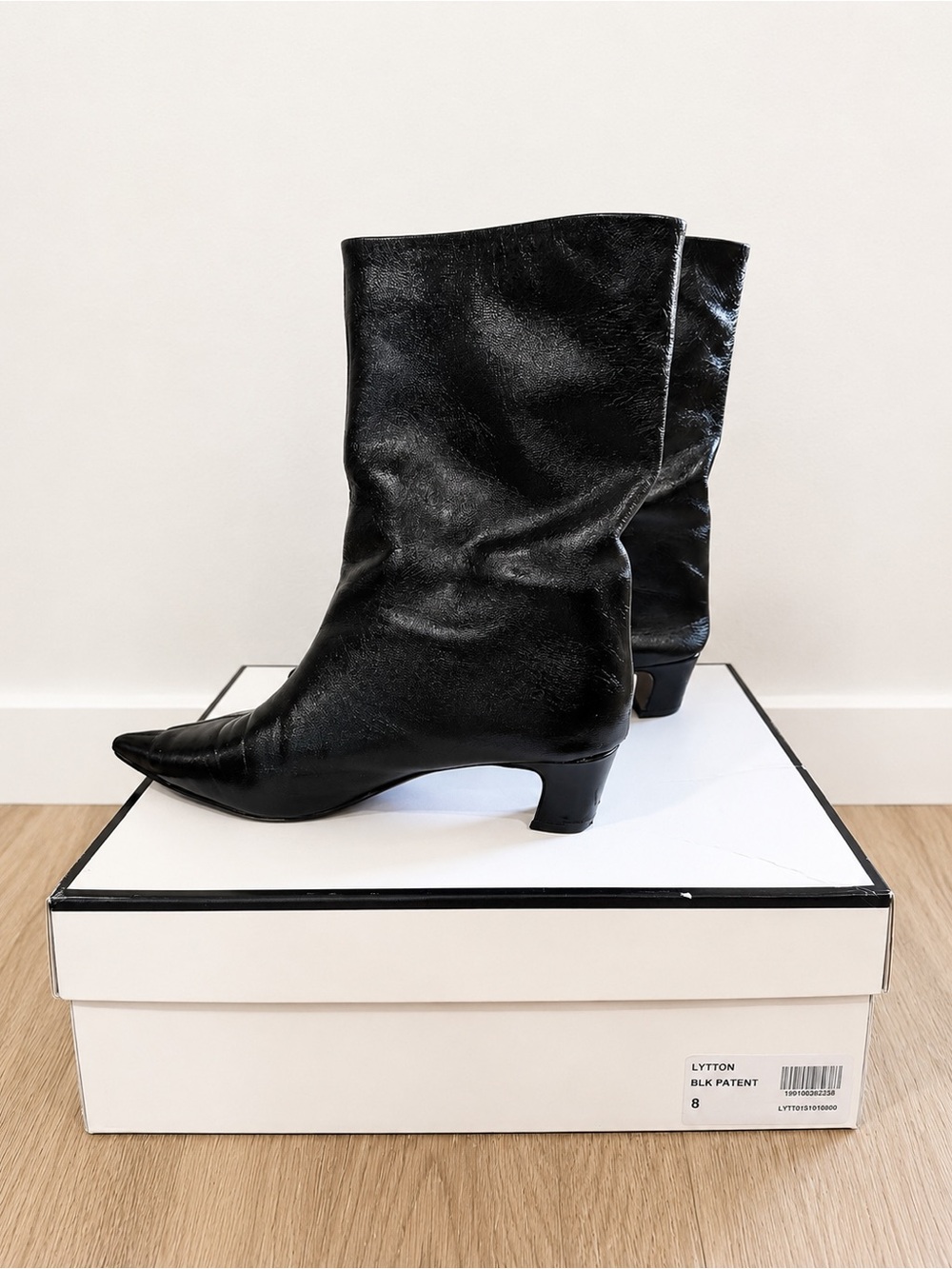 Steve Madden Lytton Black Patent Pointed Toe Mid Calf Boots